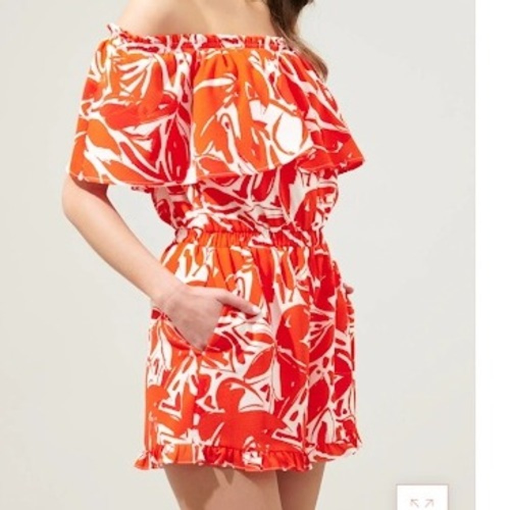 Sugarlips Off Shoulder Romper Floral Print Ruffle Trim Elastic Waist Sz Sm New